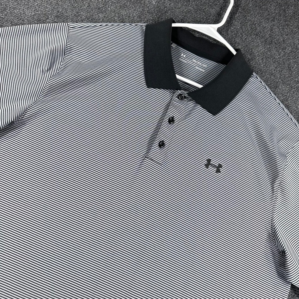 Under Armour Polo Shirt Mens 2XL XXL Black White Striped HeatGear Golf Athletic